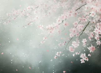 A serene watercolor scene of cherry blossoms gently falling, with soft pink petals blending into a misty, pale background.