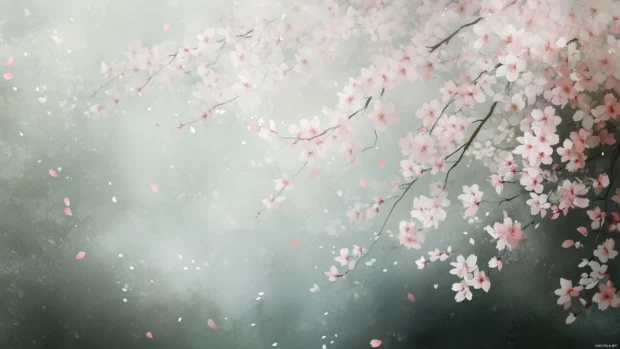 A serene watercolor scene of cherry blossoms gently falling, with soft pink petals blending into a misty, pale background.