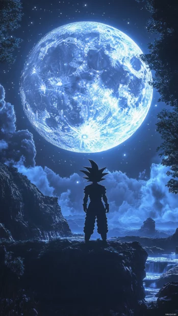 A shadow of Goku glows faintly under the moonlight in total silence.