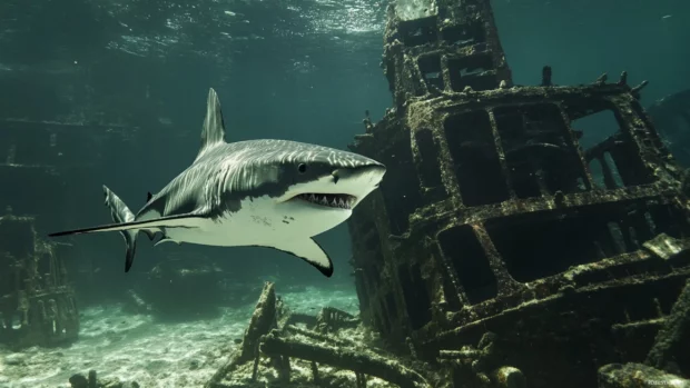 A shark gliding near a sunken shipwreck.