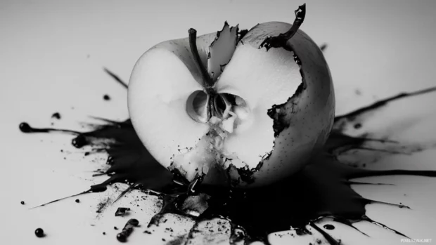 A shattered apple core in a pool of black ink.