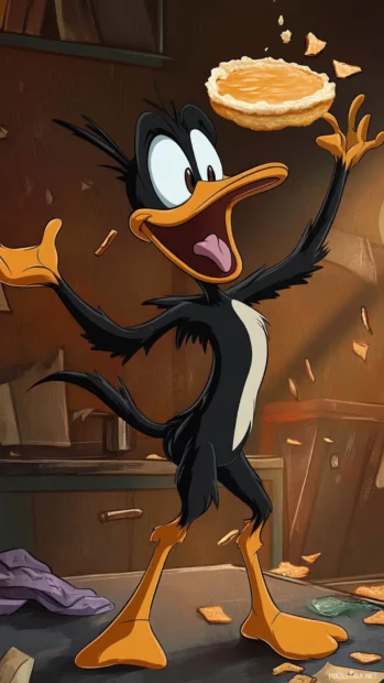 A shocked Daffy Duck reacts to a pie flying at him with arms flailing in the air.