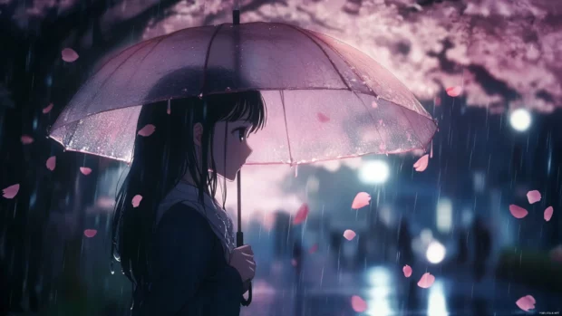 A shy anime girl holding an umbrella under cherry blossom rain.
