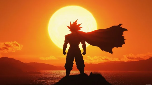 A silhouette of Goku against a rising sun shows his cape blowing and power building.