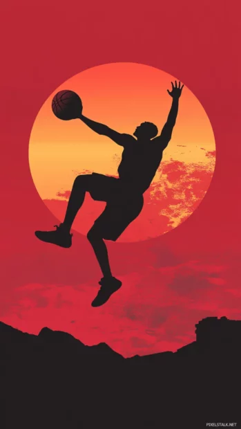 A silhouette of a basketball player leaping at sunset, ideal for cool basketball wallpapers.