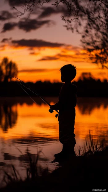 A silhouette of a boy standing at the edge of a calm lake, holding a fishing rod under a vibrant orange sky.