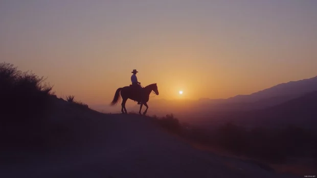 A silhouette of a cowboy riding a horse across a rugged desert landscape under a vivid orange and purple sunset .