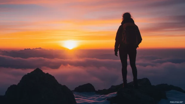 A silhouette of a girl standing on a mountaintop, watching the sunrise in a breathtaking view.