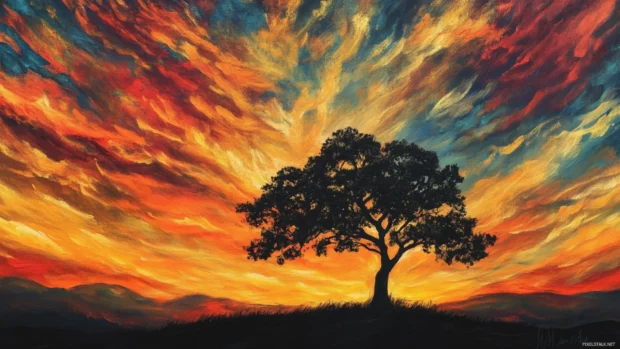 A silhouette of a lone tree against a vibrant sunset sky, clouds streaked with gold and crimson.