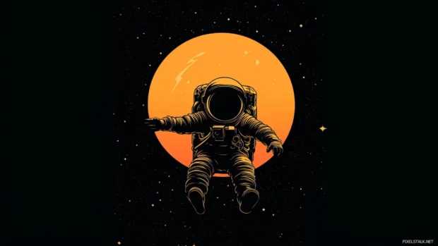 A silhouette of an astronaut against a binary sunset while floating gently in space.