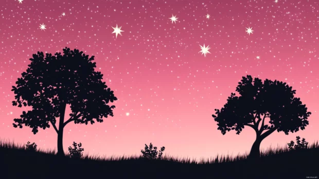 A silhouette of trees against pink stars backdrop.