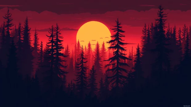A silhouette of trees stands against a deep red forest sunset.