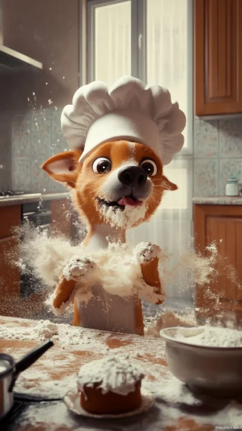 A silly dog wearing a chef hat, attempting to bake a cake but making a huge mess in the kitchen.