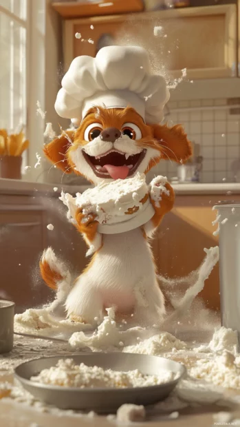 A silly dog wearing a chef hat, attempting to bake a cake but making a huge mess in the kitchen, with flour everywhere.