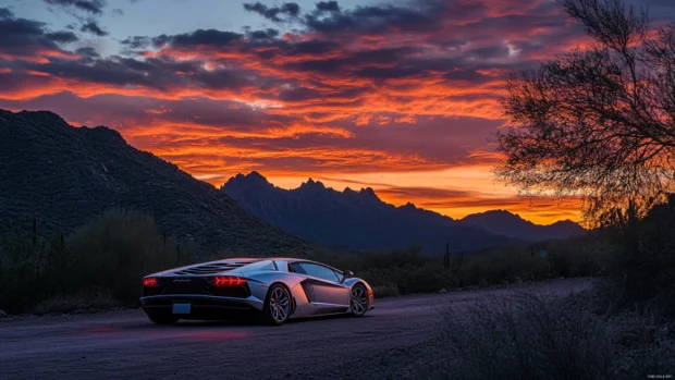 A silver Lamborghini reflects the twilight sky as it cruises past mountain silhouettes.