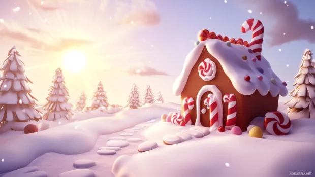 A simple, cartoonish depiction of a gingerbread house with candy decorations, set in a snowy landscape with a bright sun.