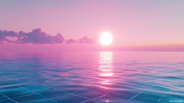 A simple retrowave neon grid gently illuminated under a pale pink and blue sky, with a faint sun blending into the horizon, Retro style.