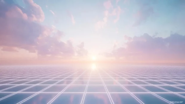 A simple retrowave neon grid gently illuminated under a pale pink and blue sky, with a faint sun blending into the horizon, Retro style.