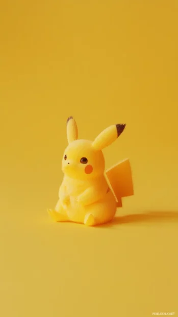 A simple yellow surface frames Pikachu sitting quietly with his tail curled around him.