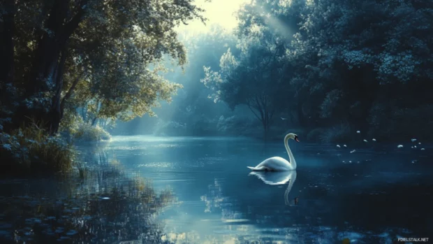 A single Swan standing on a tranquil forest lake.