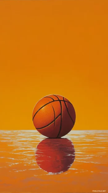 A single basketball under orange glow of early sunset.