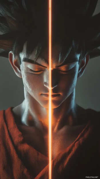 A single beam of light falls on Gokus face as he closes his eyes in focus.