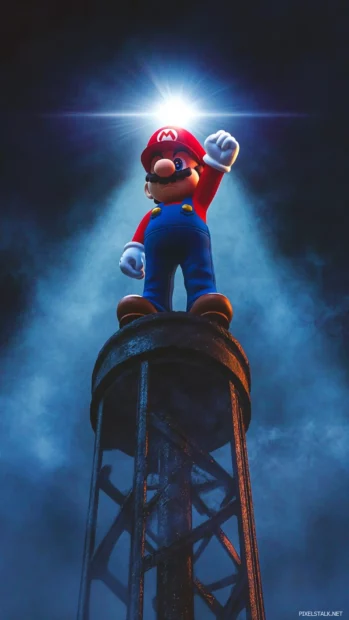 A single beam of light hits Marios visor as he stands in a power.