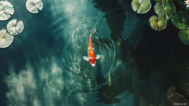 A single bright orange and white koi fish in focus, moving gracefully through calm, clear water, with lily pads scattered around.