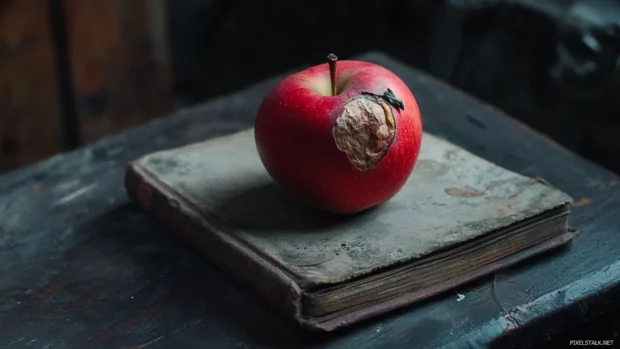 A single decayed apple placed on an old book.