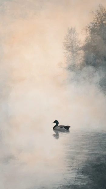 A single duck floats through morning fog rising from the river surface.
