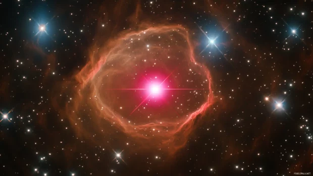 A single red star piercing through thick cosmic clouds.