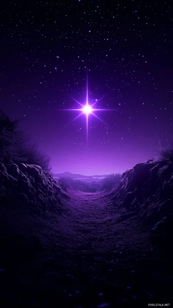 A single shimmering star placed in the center of a deep purple sky, with a subtle glow effect that highlights the star’s radiance, creating a clean and elegant celestial look.
