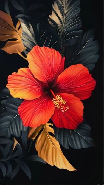 A single vivid hibiscus on black background for a bold lock screen look.