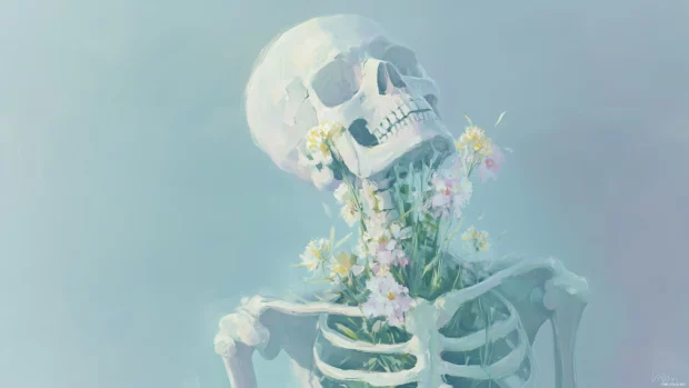 A skeletal structure with wildflowers growing through its bones, painted in a soft pastel palette for a tranquil and harmonious look.