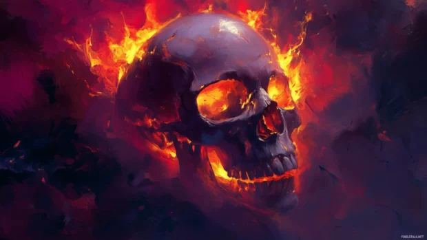 A skull engulfed in roaring flames, with fiery orange and red hues swirling around it, creating an intense and dramatic scene.