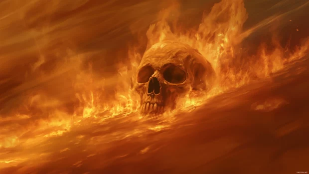 A skull floating in the middle of a roaring inferno, with the flames reflecting off the skull surface, highlighting the intricate details of the fire.