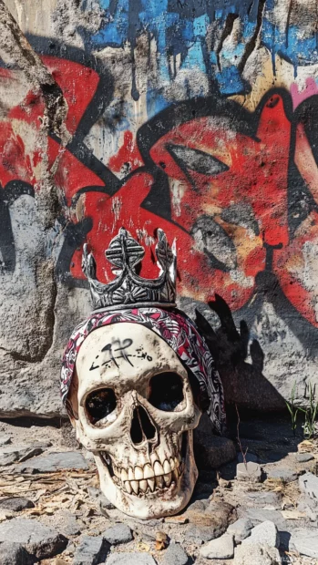 A skull in a sideways crown and a bandana, set against an urban graffiti background with intense shadows and sharp lines.