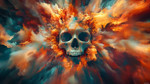 A skull in the center of a fiery explosion, with flames encircling it, creating an explosive and dramatic effect in vibrant oranges, reds, and yellows.