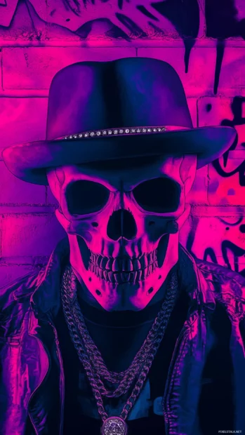 A skull wearing a fedora and a diamond studded chain, surrounded by neon lights and urban graffiti.