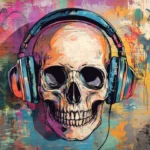 A skull wearing headphones in colorful layers of urban tags, ideal for skull graffiti wallpaper.