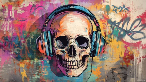 A skull wearing headphones in colorful layers of urban tags, ideal for skull graffiti wallpaper.