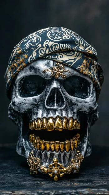 A skull with a bandana and gold teeth, adorned with graffiti style designs, against a dark urban background.
