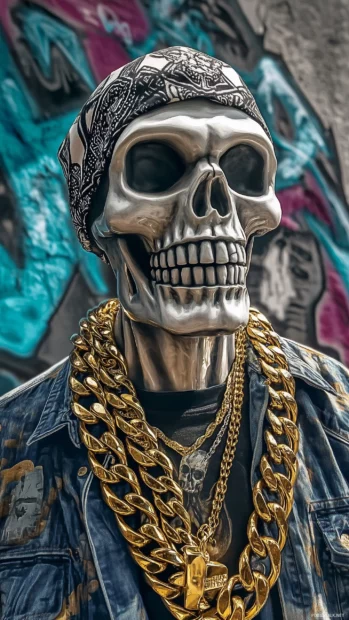 A skull with a bandana over the mouth, gold chain necklace, and a graffiti backdrop, evoking a rebellious street art style.