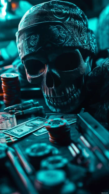 A skull with a bandana, surrounded by playing cards, cash, and guns, all in a dark, gritty art style.