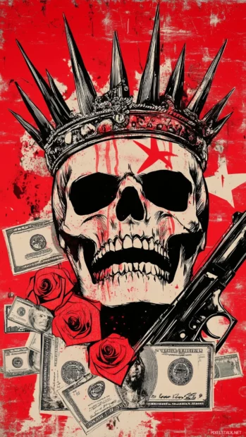 A skull with a fierce expression, wearing a spiked crown and surrounded by guns, roses, and money symbols, in a bold vector art styleq.