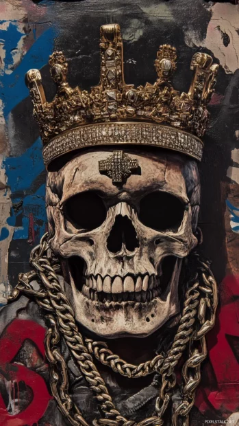 A skull with a golden crown, draped in chains and bling, set against graffiti style backgrounds, embodying an urban gangster vibe.