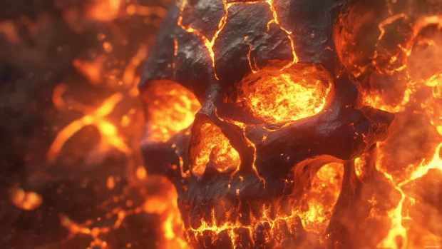 A skull with burning eyes and molten lava flowing through cracks in its surface, surrounded by a storm of flames, creating a fierce atmosphere.