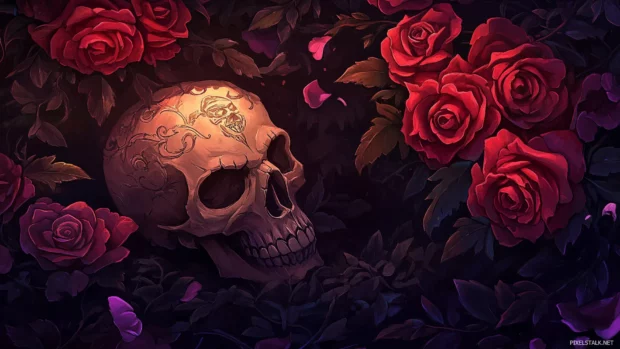 A skull with detailed engravings, partially hidden behind cascading roses in dark red and deep purple, set against a black background.