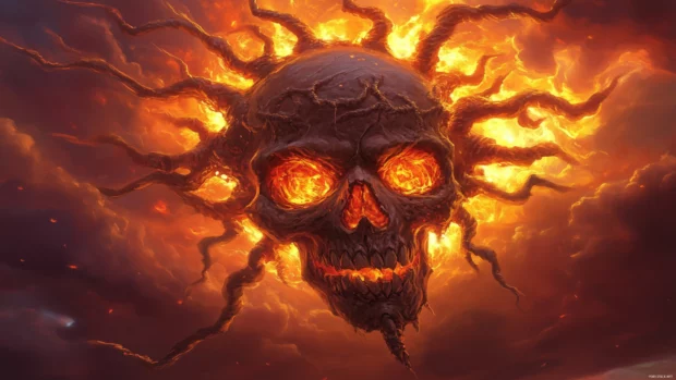 A skull with flames emerging from its cracks, glowing bright red and yellow, creating a striking contrast with the deep shadows surrounding it.