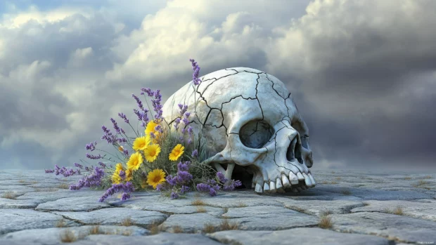 A skull with marigold and lavender flowers growing out from the cracks, set against a subtle, cloudy sky, symbolizing life and decay.
